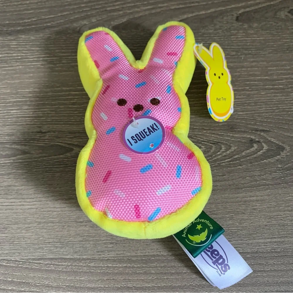 Peeps Plush Dog Toy Squeaker Sprinkles Easter Bunny Pink Yellow